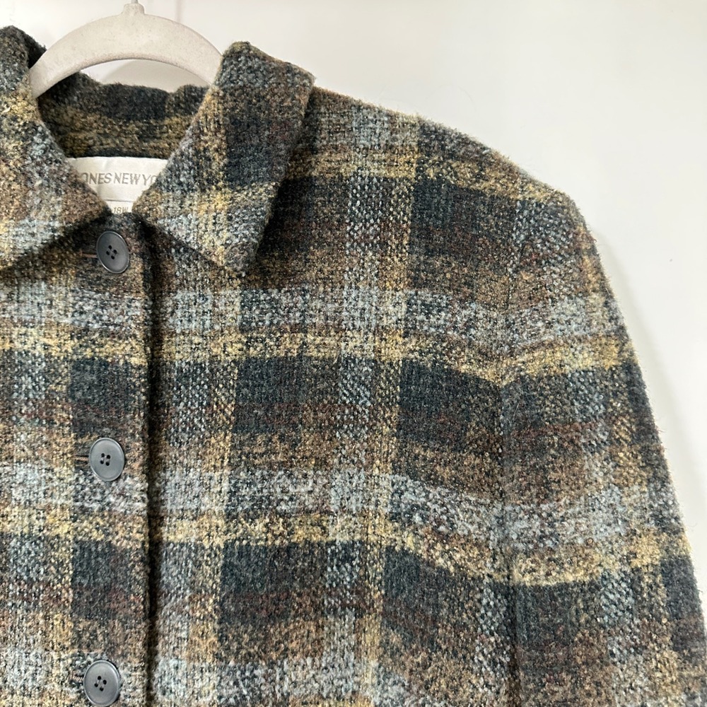 Jones New York Womens 18W Wool Blend Plaid Boucle Blazer Brown Gray Jacket